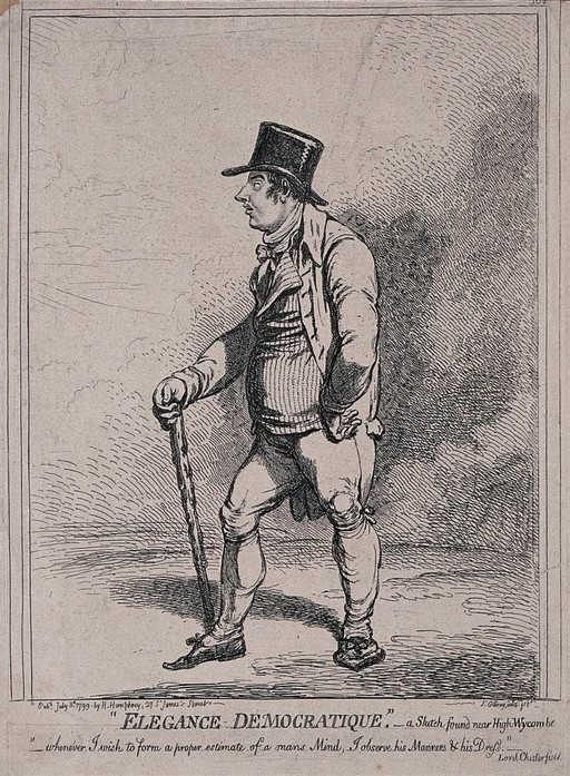 A man is wearing a waistcoat, breeches amd a top hat, he is also carrying a stout cane in his hand. Etching by James Gillray.