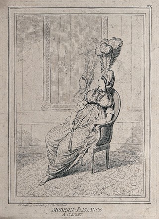 Lady Charlotte Campbell reclining in a chair in front of a mirror: she is wearing a hat decorated with an enormous feather which she can see as she gazes at her reflection in the glass. Etching by J. Gillray, 1795.