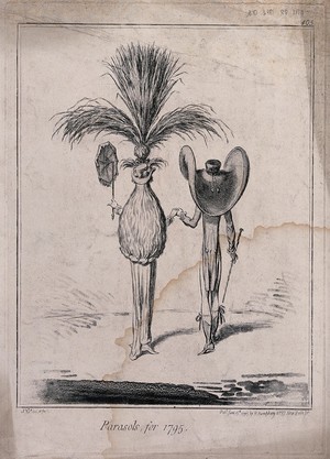 view A man and a woman, both wearing enormous hats. Etching by J. Gillray.