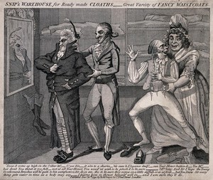 view A tailor and his wife are assisting two men into suits of clothing, although the clothes are ill-fitting. Etching.
