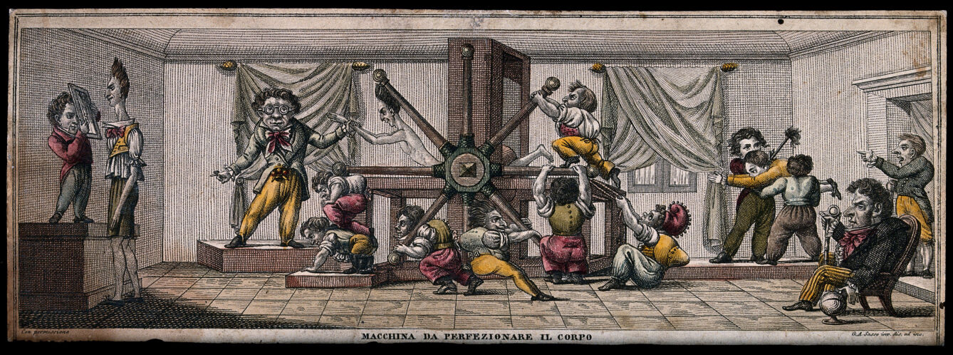 The handles of a machine are being turned by small people as a figure in the machine is flattened and stretched. Coloured etching by G.A. Sasso after himself.
