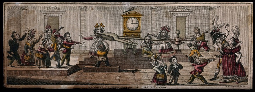 A woman is having her tongue cut out by a large pair of scissors which are being operated by people turning handles, those on the left are waiting their turn with their tongues hanging out. Coloured etching by G.A. Sasso after himself.