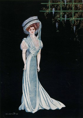 A woman wearing a fashionable gown and hat. Colour process print.