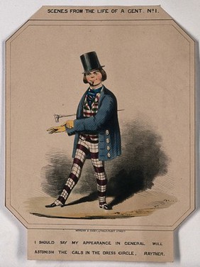 A man is wearing fashionable dress (a pair of checked trousers, a jacket, cravat and gloves), carries a cane and wears a top hat. Coloured lithograph.