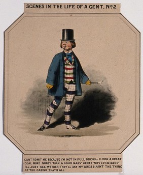 A man is wearing fashionable dress (a pair of checked trousers, a jacket, cravat and gloves), carries a cane and wears a top hat. Coloured lithograph.