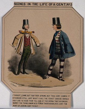Two men wearing the fashionable dress of checked trousers, top hats, cravats, waistcoats and top coats. Coloured lithograph after J.V. Barret, ca 1860.