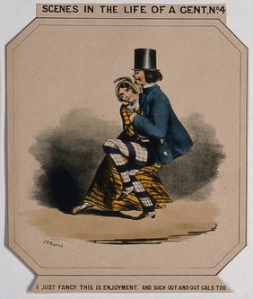 A man in fashionable dress is accompanied by a young lady. Coloured lithograph after J.V. Barret, ca 1860.