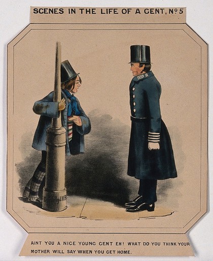 A boy dressed in checked trousers and a top hat is leaning against a lamp post as a policeman speaks to him. Coloured lithograph after J.V. Barret, ca 1860.