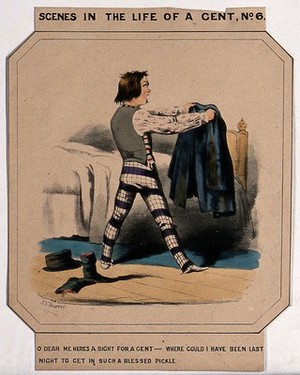 view A young man wearing checked trousers looks in horror at the state of the jacket he is holding up to inspect. Coloured lithograph after J.V. Barret, ca 1860.