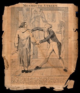 A tailor is attempting to make a coat fit his customer when it is much too large. Etching by J. Cooke after S. Collings.