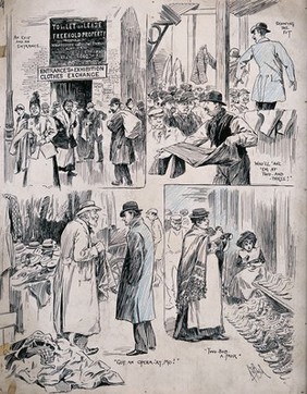 Men and women are buying and selling clothes, hats and shoes at a market. Process print (?) by A.S. Boyd.