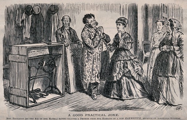 Mrs Pottleton thinks her husband is going to give her a harmonium but he gives her a sewing machine instead. Wood engraving after C. Keene, 1869.