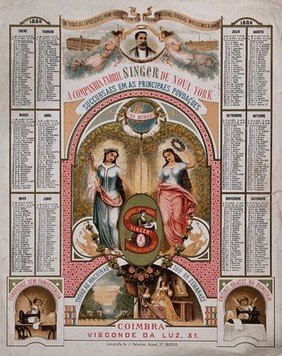 Women personified as angels are accompanied by the equipment of sewing in an advertisement for Singer sewing machines. Colour lithograph.