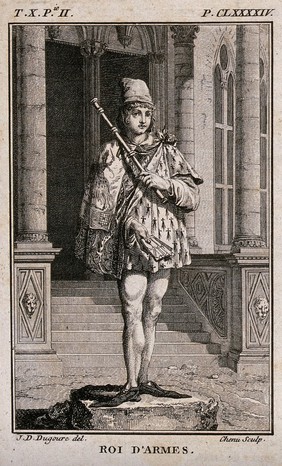 A king of arms or chief herald, at the entrance to a building, holding a rod. Engraving by P. Chenu after J.D. Dugourc.