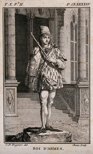 view A king of arms or chief herald, at the entrance to a building, holding a rod. Engraving by P. Chenu after J.D. Dugourc.
