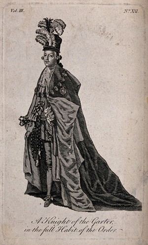 view A knight in the costume of the Order of the Garter. Etching.
