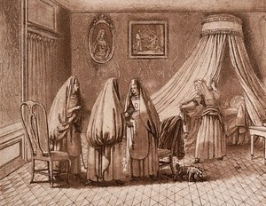 view Three women in a room are talking among themselves as another arranges the drapes on the bed. Aquatint by J. Höuel.