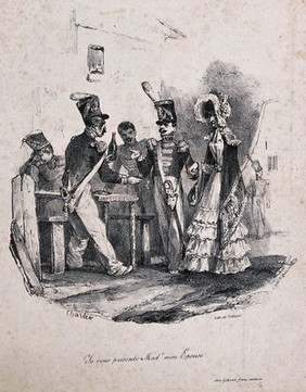 A soldier introducing his wife to his comrades, who are getting drunk outside their barracks. Lithograph after N.T. Charlet.