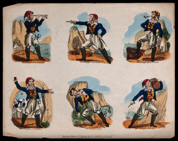 A smuggler shown at different stages and points of his chosen profession. Coloured etching (?).