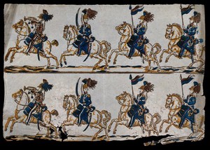 view Three soldiers on horseback: one with a bugle, one with a cutlass, and one with and as a standard. Colour wood block.