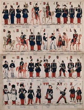 Soldiers arranged alphabetically in different uniforms according to their rank; some are on foot and some on horseback. Colour lithograph.