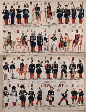 view Soldiers arranged alphabetically in different uniforms according to their rank; some are on foot and some on horseback. Colour lithograph.