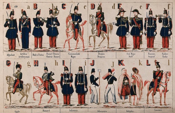 Soldiers arranged alphabetically in different uniforms according to their rank; some are on foot and some on horseback. Colour lithograph.