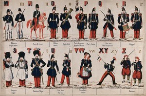 view Soldiers arranged alphabetically in different uniforms according to their rank, some are on foot and some on horseback. Colour lithograph.