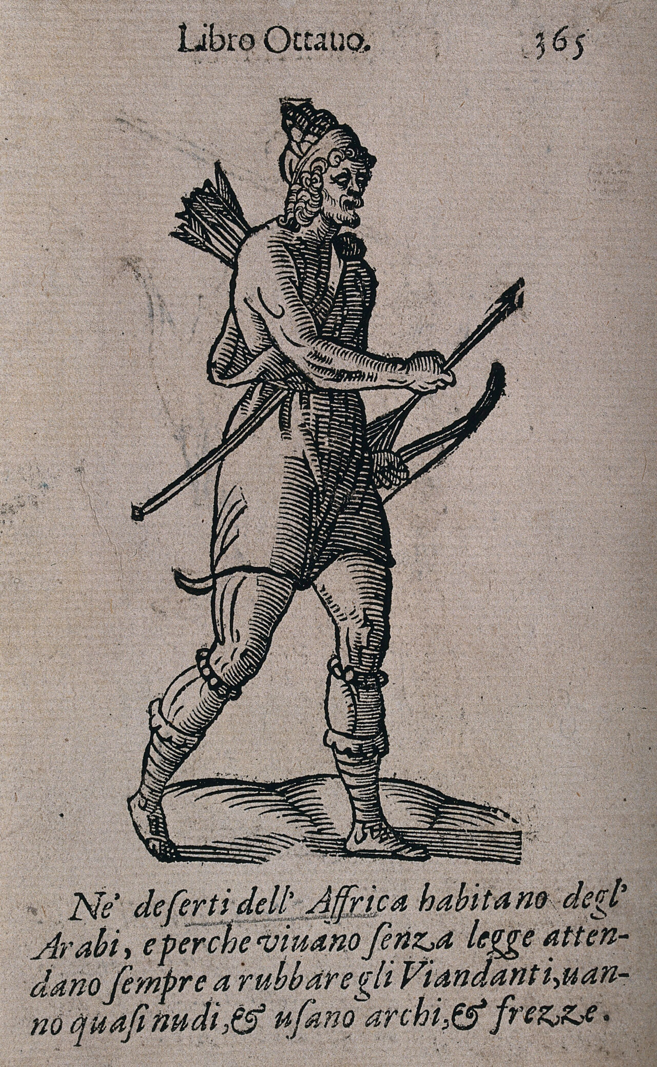 An Arab man in North Africa carrying a bow in his hand and he has a quiver of arrows on his back. Woodcut after C. Vecellio., 1664, by Cesare Vecellio