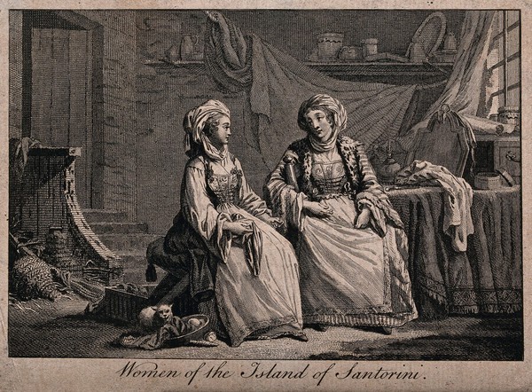 Two women are sitting together in a room. Engraving.