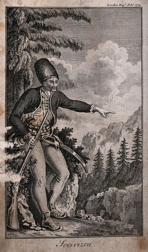 view A man in soldier's uniform and carrying a gun is pointing towards the mountains and trees. Engraving.