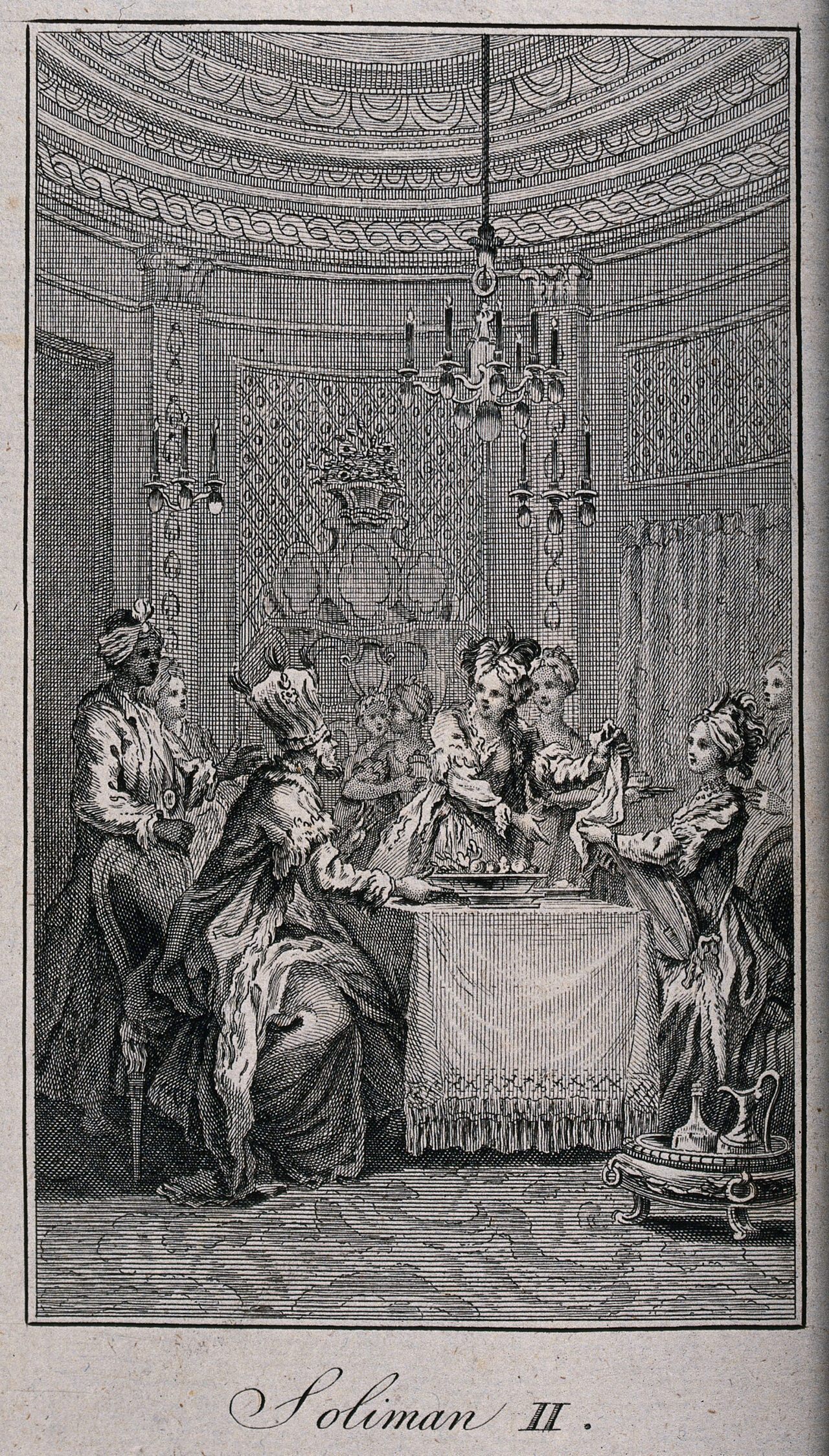 Süleyman II, seated at table on the left, is asked by Roxalana to give her his handkerchief; he does so, but she immediately gives it to Delia. Engraving., 1700-1799, by Jean-François Marmontel