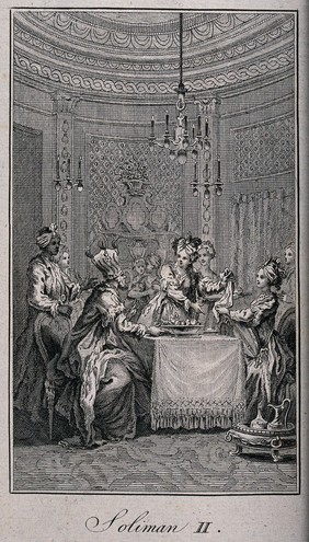 Süleyman II, seated at table on the left, is asked by Roxalana to give her his handkerchief; he does so, but she immediately gives it to Delia. Engraving.