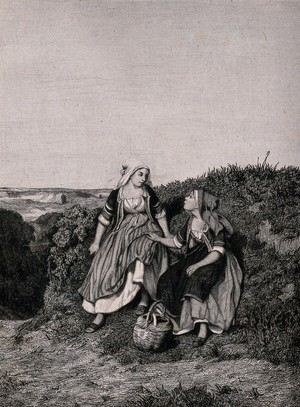 view Two young women in Breton costume are talking together on the side of a grassy bank. Etching by Ad. Lalauze.