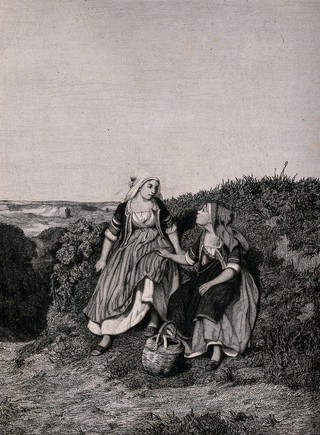 Two young women in Breton costume are talking together on the side of a grassy bank. Etching by Ad. Lalauze.