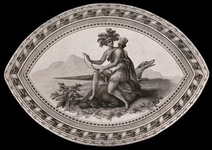 view A woman in a feathered headdress and carrying a bow, is quelling a dark-skinned man; representing America. Etching by T. Hancock, 1805.