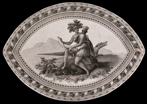 A woman in a feathered headdress and carrying a bow, is quelling a dark-skinned man; representing America. Etching by T. Hancock, 1805.