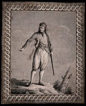 A man carrying a sword is standing on a rock. Engraving.