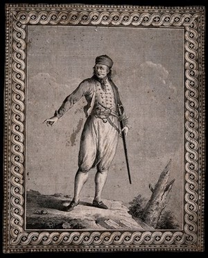 view A man carrying a sword is standing on a rock. Engraving.