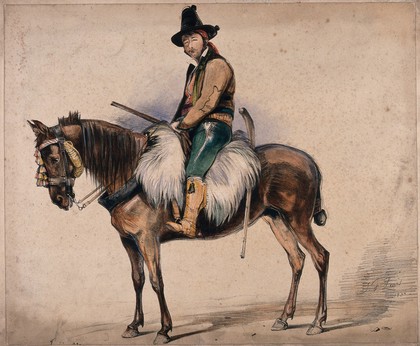 A Spanish man on horseback. Coloured lithograph by J.F. Lewis, 1834.