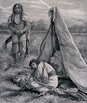 view A native American man is standing by a teepee in front of which a woman is crouching on a rug on the ground. Wood engraving.