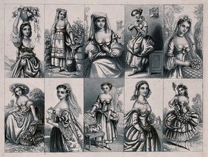 view Women wearing costumes including Spanish or Italian; some are holding flowers and others have animals with them. Aquatint.