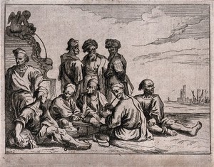 view Two men wearing turbans standing in a harbour converse with a sailor while sailors and captives are seated on the ground. Etching by M. Schaep, 1649, after C. de Wael.