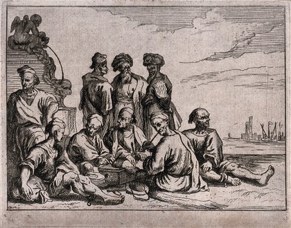 Two men wearing turbans standing in a harbour converse with a sailor while sailors and captives are seated on the ground. Etching by M. Schaep, 1649, after C. de Wael.