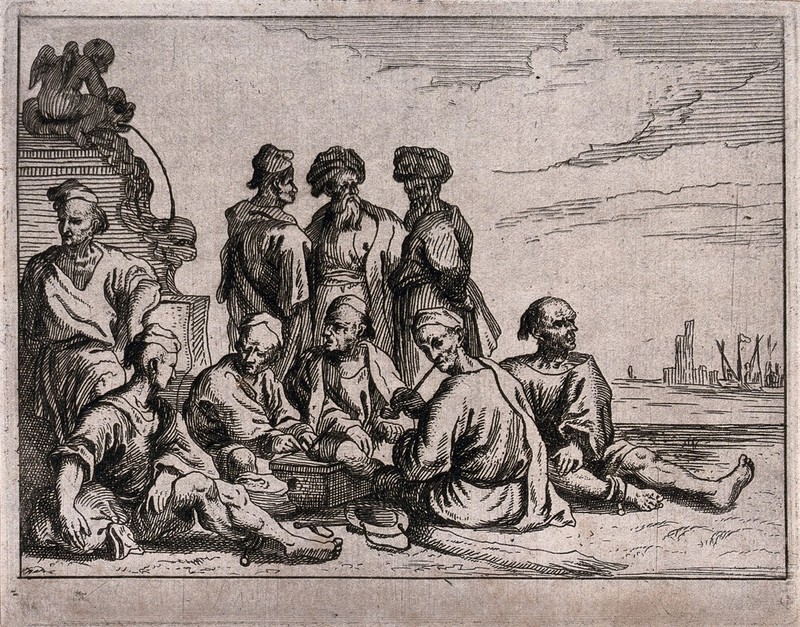 Two men wearing turbans standing in a harbour converse with a sailor while sailors and captives are seated on the ground. Etching by M. Schaep, 1649, after C. de Wael., 1649, by Cornelis de Wael