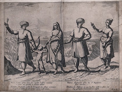 Two wives of Arab sailors, one with a child, about to join their husbands on board Portuguese ships. Etching by Johannes á Doetechum after Linschoten.