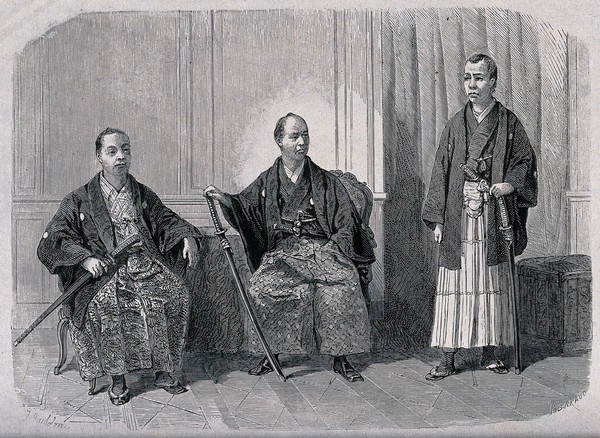 Three men (Chinese or Korean?), two are sitting on chairs and the other is standing, all of them have swords by their sides. Wood engraving by M.G.J. Pibaraud.