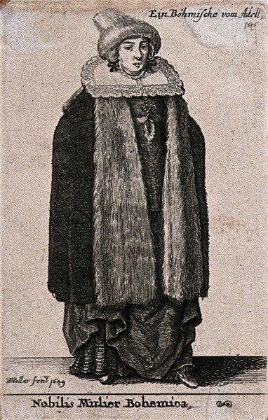 A noblewoman in Bohemian costume. Etching by W. Hollar.