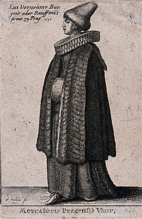 A woman, the wife of a merchant, in the costume of Prague. Etching by W. Hollar, 1642.