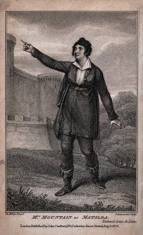 Rosemund Mountain playing the role of Matilda disguised as a troubadour in the operatic play Richard Coeur de Lion. Engraving by L. Schiavonetti after S. De Wilde.